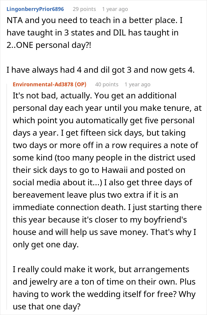 Reddit discussion about family assigning wedding chores to a woman; commenters debate personal and sick leave policies. Reddit discussion about family assigning wedding chores to a woman; commenters debate personal and sick leave policies.
