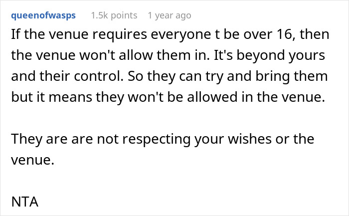 Text response discussing wedding guest age restrictions and family disagreement. Text response discussing wedding guest age restrictions and family disagreement.