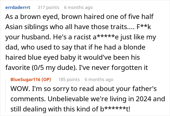 Reddit comments discussing racial bias and family issues related to Asian features in children. Reddit comments discussing racial bias and family issues related to Asian features in children.