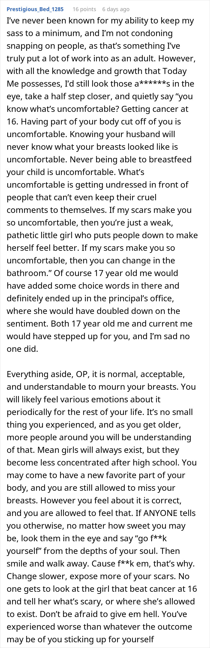 Text response to a teen advised to change in the bathroom, discussing discomfort and self-acceptance. Text response to a teen advised to change in the bathroom, discussing discomfort and self-acceptance.