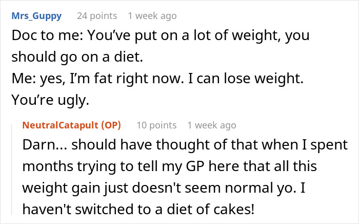 Fat-shaming conversation highlighting reactive humor to weight comments. Fat-shaming conversation highlighting reactive humor to weight comments.