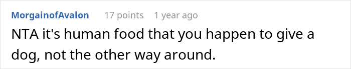 Comment discussing food given to dogs, stating it's human food given to a dog, not the <a target= Comment discussing food given to dogs, stating it's human food given to a dog, not the <a target=