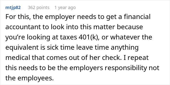 A Reddit comment about employer overpayment responsibility and financial advice. A Reddit comment about employer overpayment responsibility and financial advice.