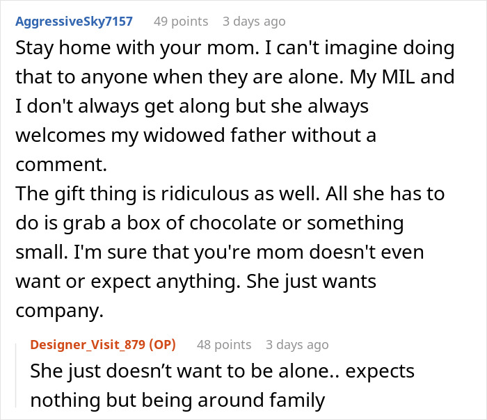 Reddit discussion about MIL and mom's Christmas request, focusing on family dynamics and expectations. Reddit discussion about MIL and mom's Christmas request, focusing on family dynamics and expectations.