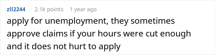 Reddit comment discussing unemployment claims related to cut employee hours by boss. Reddit comment discussing unemployment claims related to cut employee hours by boss.