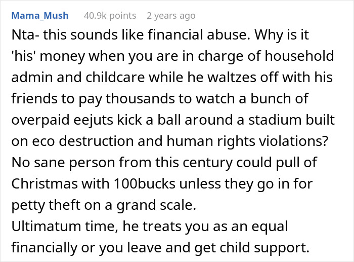 Reddit comment discussing financial abuse in marriage concerning Christmas budgeting and vacation spending. Reddit comment discussing financial abuse in marriage concerning Christmas budgeting and vacation spending.