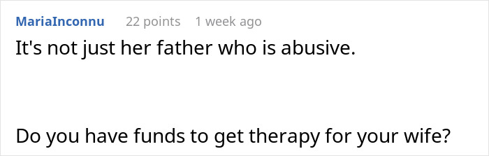 Comment about an overbearing MIL suggesting therapy for wife's abusive behavior. Comment about an overbearing MIL suggesting therapy for wife's abusive behavior.