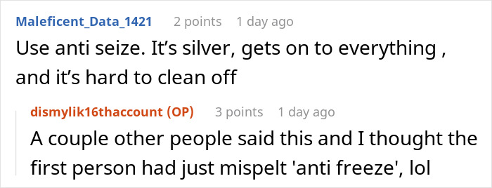 Reddit thread discussing using anti-seize on cars, with one user clarifying a misunderstanding. Reddit thread discussing using anti-seize on cars, with one user clarifying a misunderstanding.