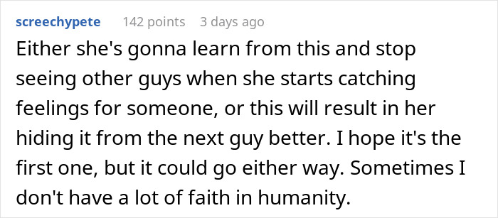 A Reddit comment discusses lessons from dating experiences and faith in humanity. A Reddit comment discusses lessons from dating experiences and faith in humanity.