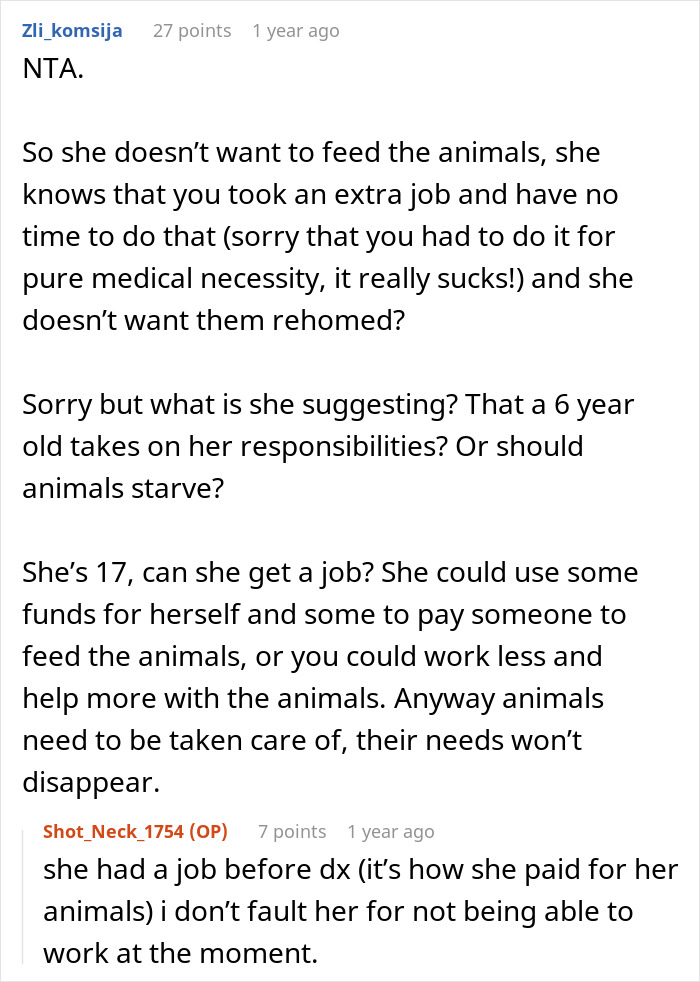 Reddit comments debating daughter's chores despite her disease. Reddit comments debating daughter's chores despite her disease.