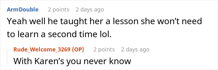 Reddit comment thread discussing a lesson learned by Karen about parking in driveways. Reddit comment thread discussing a lesson learned by Karen about parking in driveways.