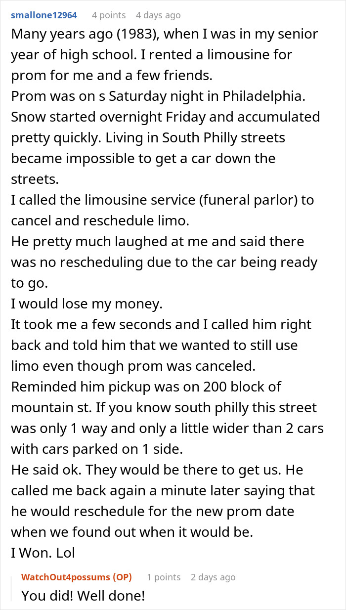 A Reddit user shares a story about a limousine booking issue during a snowy prom night in Philadelphia. A Reddit user shares a story about a limousine booking issue during a snowy prom night in Philadelphia.
