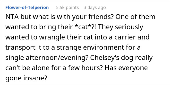 Online comment discussing pets at Thanksgiving, questioning the need to bring a cat or dog to a holiday event. Online comment discussing pets at Thanksgiving, questioning the need to bring a cat or dog to a holiday event.