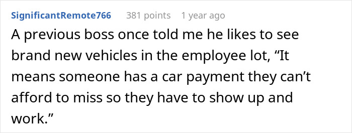 Text about a boss who prefers employees with car payments to ensure they show up at work. Text about a boss who prefers employees with car payments to ensure they show up at work.