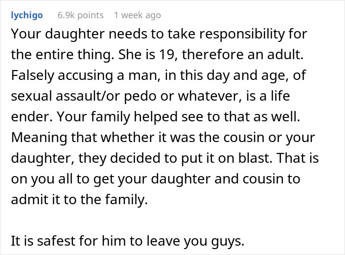 Screenshot of a comment discussing false accusations by a teen against her stepdad and urging family responsibility. Screenshot of a comment discussing false accusations by a teen against her stepdad and urging family responsibility.
