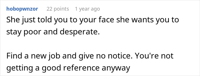 Text comment discussing frustration over work hours being cut by boss, suggesting finding a new job. Text comment discussing frustration over work hours being cut by boss, suggesting finding a new job.