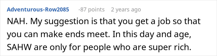 Reddit comment suggesting job for financial stability, mentioning stay-at-home wife affordability in modern times. Reddit comment suggesting job for financial stability, mentioning stay-at-home wife affordability in modern times.