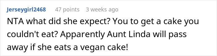 Comment discussing wedding cake labeled as vegan by guest. Comment discussing wedding cake labeled as vegan by guest.