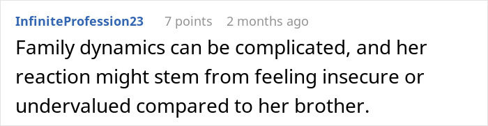 Comment on family dynamics, insecurity, and feeling undervalued compared to her brother. Comment on family dynamics, insecurity, and feeling undervalued compared to her brother.