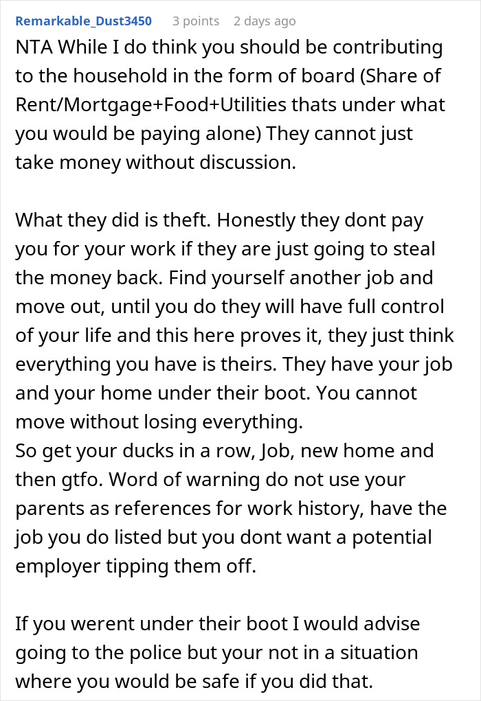 Reddit user advice on parents not having a right to daughter's money, urging financial independence. Reddit user advice on parents not having a right to daughter's money, urging financial independence.