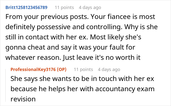 Text exchange discussing possessive fiancée's demand to sell car due to ex's presence. Text exchange discussing possessive fiancée's demand to sell car due to ex's presence.