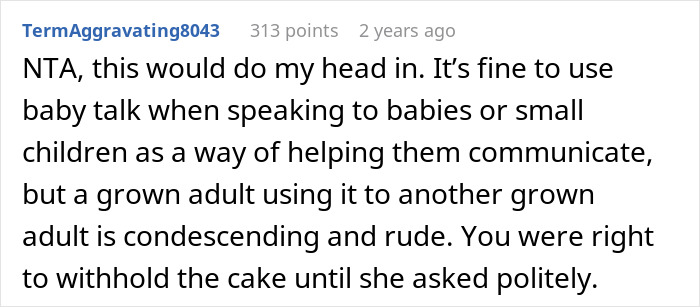 Reddit comment criticizing adult's use of baby talk, with 313 points. Reddit comment criticizing adult's use of baby talk, with 313 points.