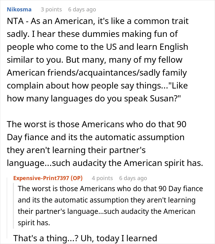 Comment exchange discussing judgmental Americans mocking pronunciation and getting shamed for assumptions. Comment exchange discussing judgmental Americans mocking pronunciation and getting shamed for assumptions.