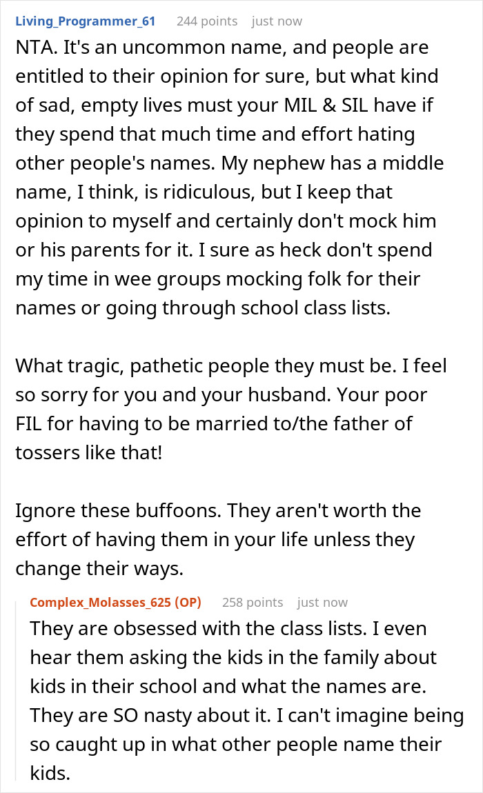 Reddit comments discussing a woman named Dove who faced mockery from her MIL and SIL. Reddit comments discussing a woman named Dove who faced mockery from her MIL and SIL.