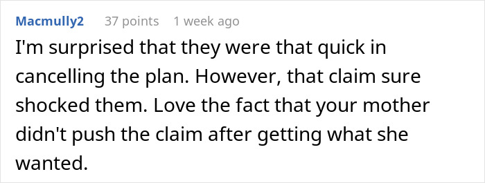 Reddit comment reacting to a company's decision involving a claim and a user's mother. Reddit comment reacting to a company's decision involving a claim and a user's mother.
