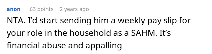 Comment suggesting financial abuse due to husband's Christmas budget while vacationing overseas. Comment suggesting financial abuse due to husband's Christmas budget while vacationing overseas.