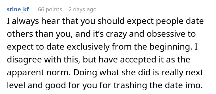 Comment discussing dating expectations and norms, mentioning the decision to trash a date. Comment discussing dating expectations and norms, mentioning the decision to trash a date.