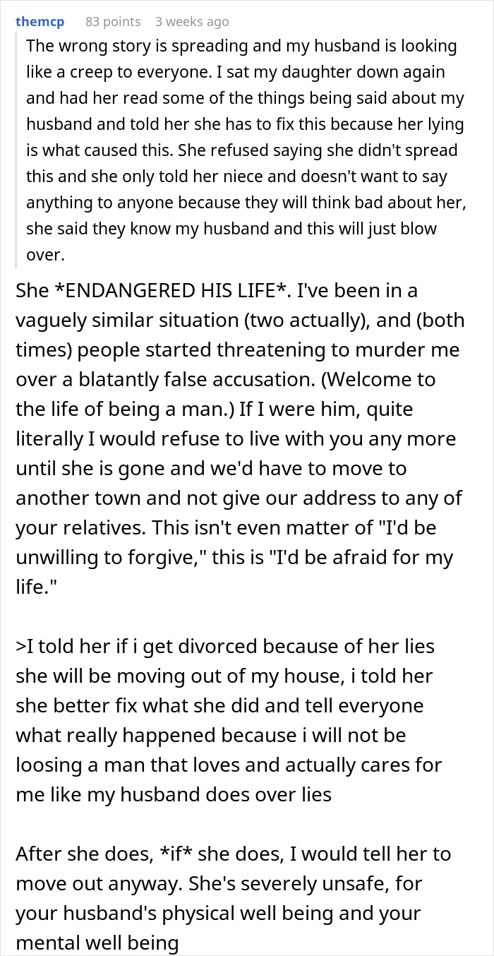 Text exchange discussing teen's false claim about stepdad being a creep, causing family distress. Text exchange discussing teen's false claim about stepdad being a creep, causing family distress.