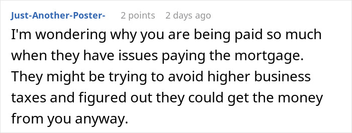 Comment about parents' finances and daughter's money, discussing mortgage issues and business taxes. Comment about parents' finances and daughter's money, discussing mortgage issues and business taxes.