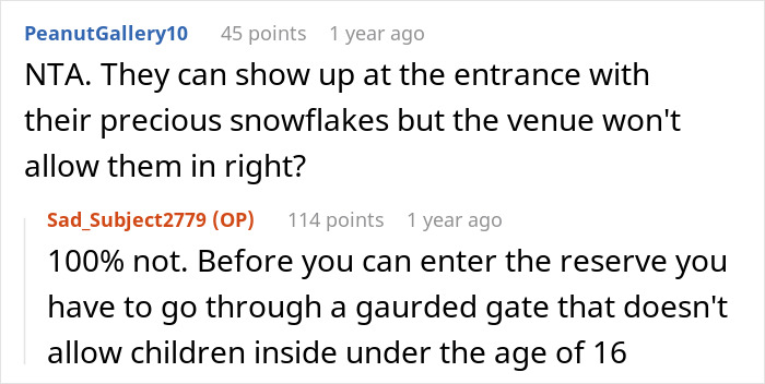 Reddit comments discussing wedding venue restrictions, mentioning children not allowed inside. Reddit comments discussing wedding venue restrictions, mentioning children not allowed inside.