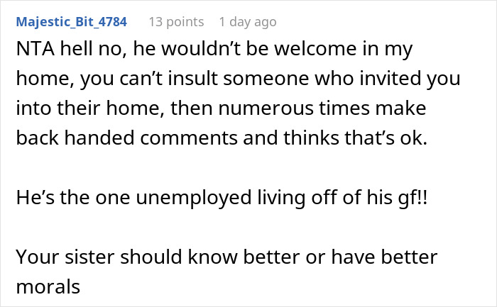 Text exchange about a sister refusing a sibling's boyfriend for Christmas dinner due to disrespectful behavior. Text exchange about a sister refusing a sibling's boyfriend for Christmas dinner due to disrespectful behavior.