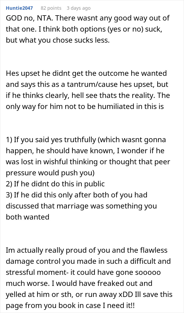 Reddit comment discussing public proposal response and private rejection, advising on communication and expectations. Reddit comment discussing public proposal response and private rejection, advising on communication and expectations.