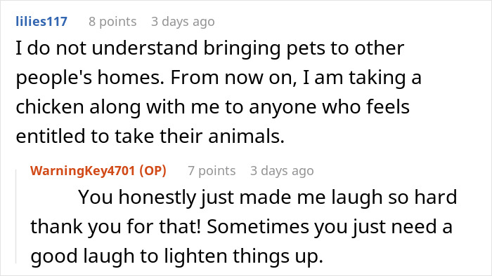 Comment thread humor about pets at events and bringing a chicken, sparking laughter in the discussion. Comment thread humor about pets at events and bringing a chicken, sparking laughter in the discussion.