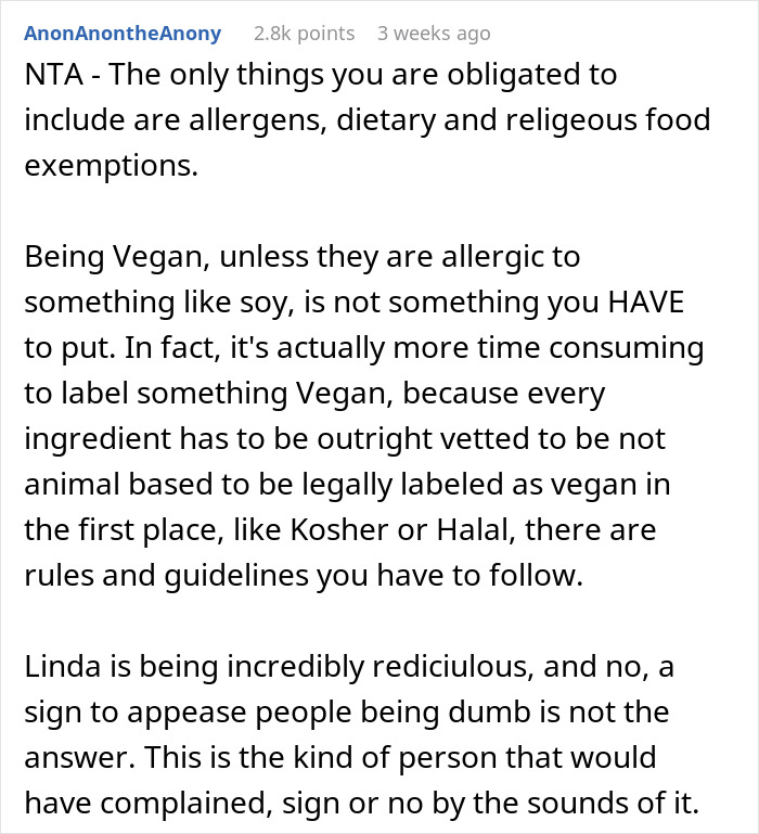 Reddit comment discussing wedding cake labeling and dietary exemptions, mentioning vegan and allergen considerations. Reddit comment discussing wedding cake labeling and dietary exemptions, mentioning vegan and allergen considerations.