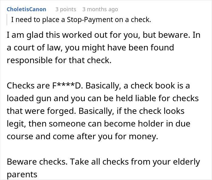 Reddit comment warning about fraudulent checks and possible legal liabilities. Reddit comment warning about fraudulent checks and possible legal liabilities.