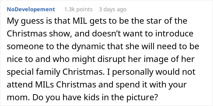 Forum comment about MIL declining Christmas request, prioritizing her family dynamic. Forum comment about MIL declining Christmas request, prioritizing her family dynamic.