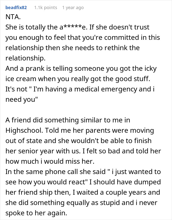 Reddit comment discussing a girlfriend lying as a test in a relationship, calling her a mean name. Reddit comment discussing a girlfriend lying as a test in a relationship, calling her a mean name.