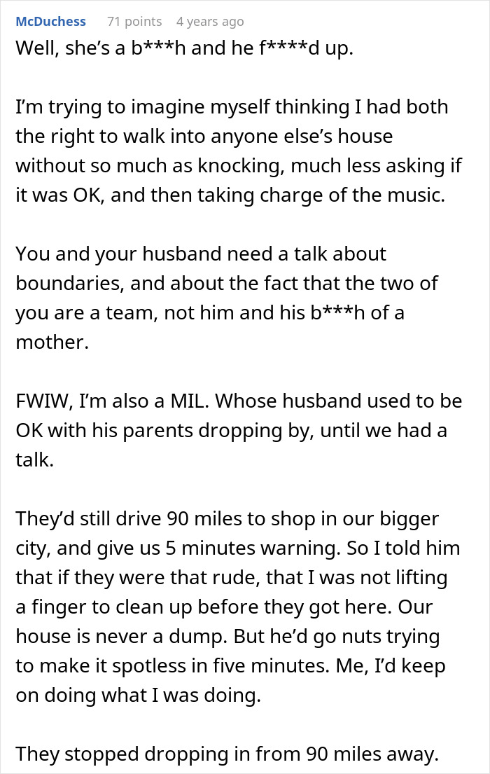 Text comments discussing setting boundaries with a mother-in-law. Text comments discussing setting boundaries with a mother-in-law.