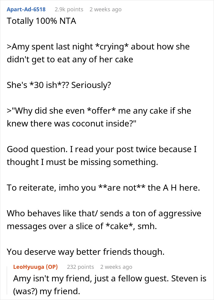 Reddit post discussing an incident at a friend’s birthday party over a cake dispute, with comments. Reddit post discussing an incident at a friend’s birthday party over a cake dispute, with comments.