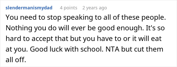 Reddit comment offering advice about setting boundaries and wishing luck with school, related to babysitting refusal. Reddit comment offering advice about setting boundaries and wishing luck with school, related to babysitting refusal.