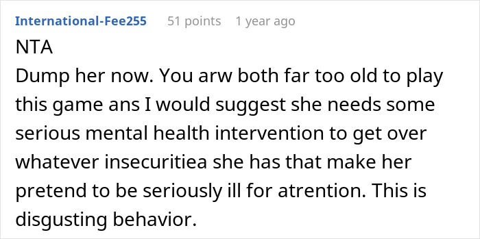 Reddit comment criticizing a relationship, suggesting breakup due to lying and attention-seeking behavior. Reddit comment criticizing a relationship, suggesting breakup due to lying and attention-seeking behavior.