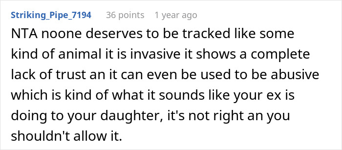 Text discussing the concerns about using a phone tracker on a daughter, highlighting trust issues and potential abuse. Text discussing the concerns about using a phone tracker on a daughter, highlighting trust issues and potential abuse.