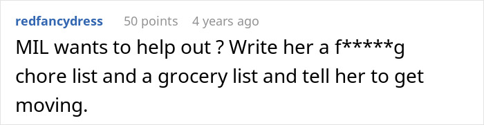 Text comment about MIL offering help, suggesting making her a chore and grocery list. Text comment about MIL offering help, suggesting making her a chore and grocery list.