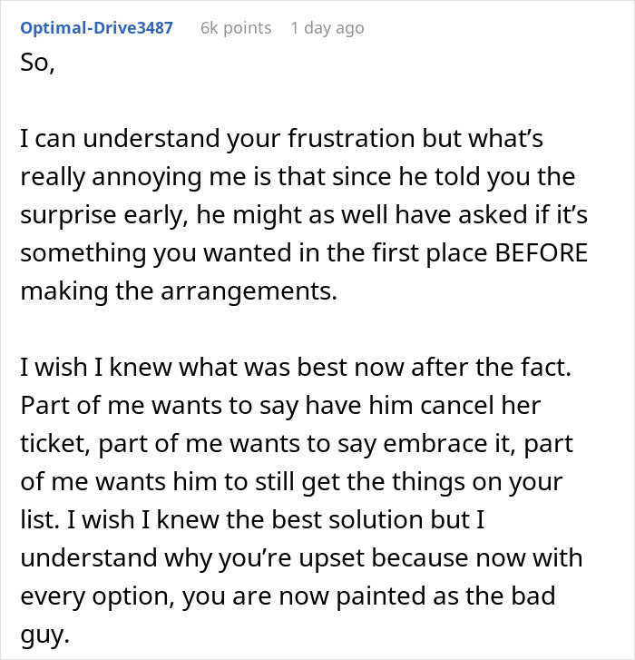 Text discussing a man's surprise plan that was revealed early, causing frustration and upset feelings. Text discussing a man's surprise plan that was revealed early, causing frustration and upset feelings.