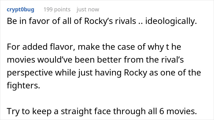 Text discussing Rocky's rivals from the movies, proposing a perspective shift for added interest. Text discussing Rocky's rivals from the movies, proposing a perspective shift for added interest.