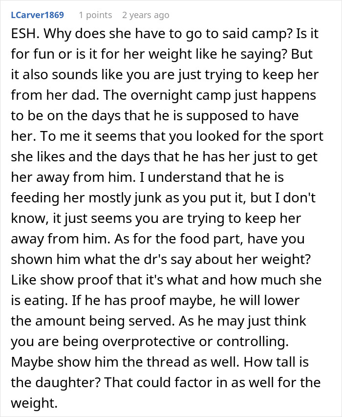 Text discussing a father feeding his daughter junk food and a mother's concerns about sending her to a weight-focused camp. Text discussing a father feeding his daughter junk food and a mother's concerns about sending her to a weight-focused camp.